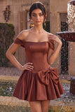 Desert Rose Satin A-Line Short Homecoming Dress with Bow