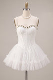 White Lace Corset A-Line Short Homecoming Dress with 3D Flowers