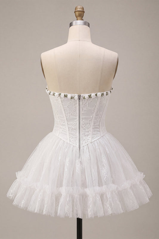 White Lace Corset A-Line Short Homecoming Dress with 3D Flowers