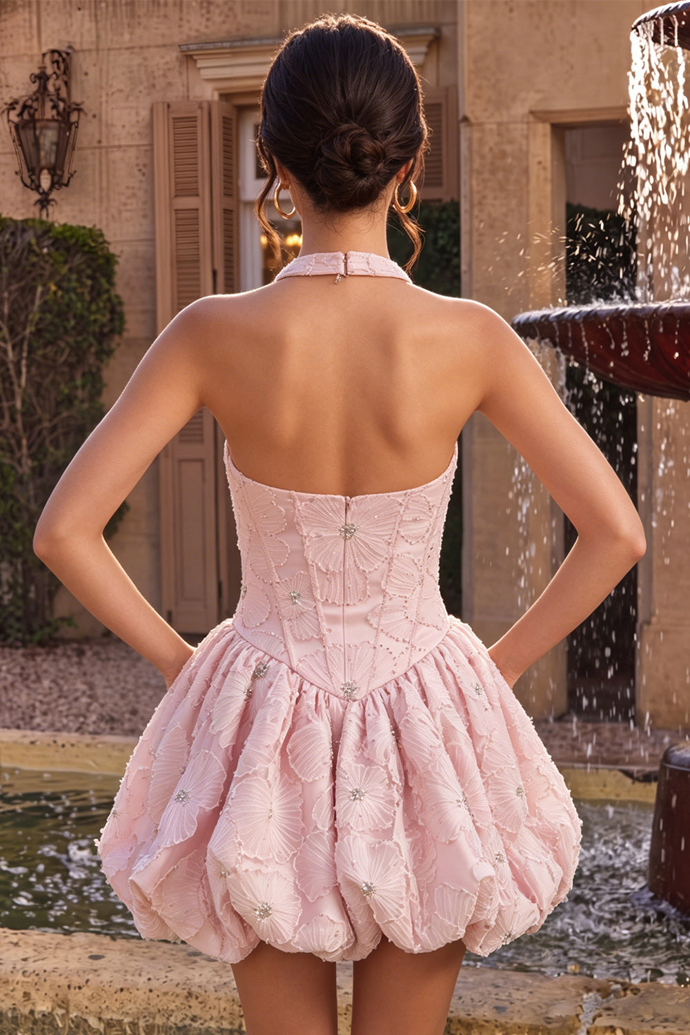 Sparkly Floral Pink Beaded A-Line Short Corset Homecoming Dress
