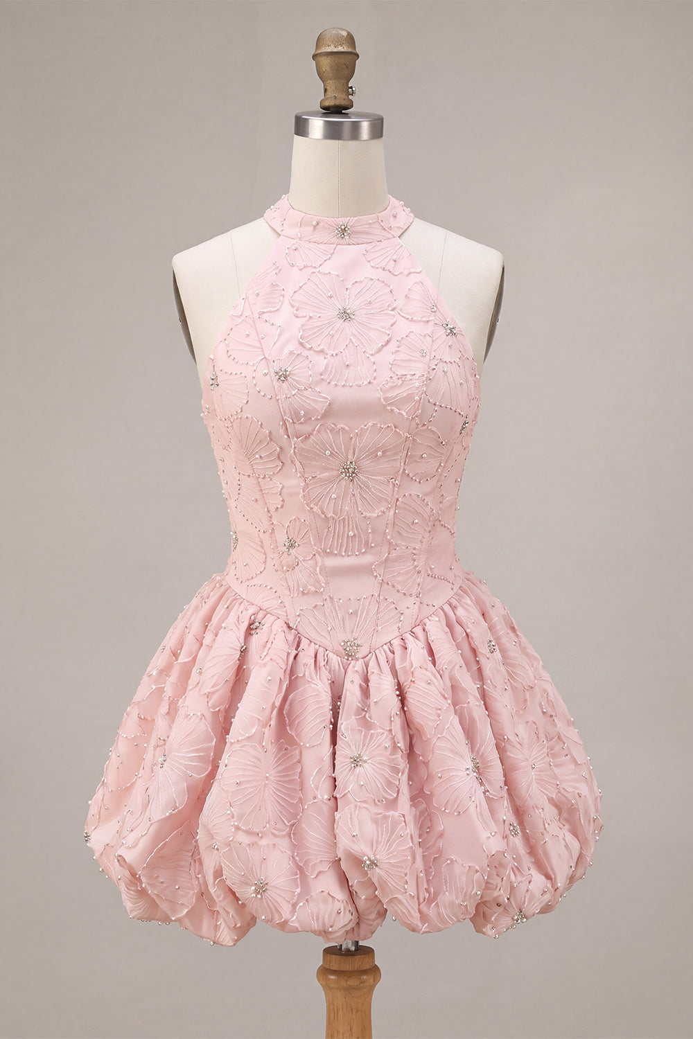 Sparkly Floral Pink Beaded A-Line Short Corset Homecoming Dress