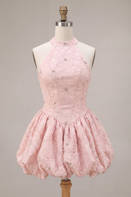 Sparkly Floral Pink Beaded A-Line Short Corset Homecoming Dress