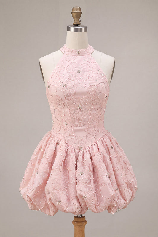 Sparkly Floral Pink Beaded A-Line Short Corset Homecoming Dress