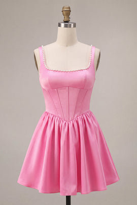 Pink Satin Corset A-Line Beaded Short Homecoming Dress