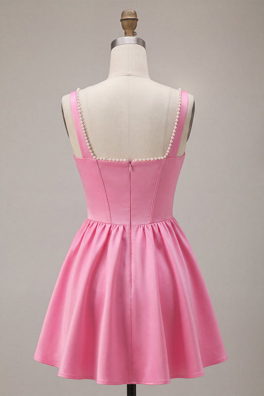 Pink Satin Corset A-Line Beaded Short Homecoming Dress