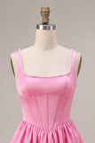 Pink Satin Corset A-Line Beaded Short Homecoming Dress
