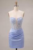 Sparkly Sky Blue Strapless Corset Beaded Tight Short Homecoming Dress
