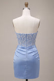 Sparkly Sky Blue Strapless Corset Beaded Tight Short Homecoming Dress