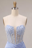 Sparkly Sky Blue Strapless Corset Beaded Tight Short Homecoming Dress