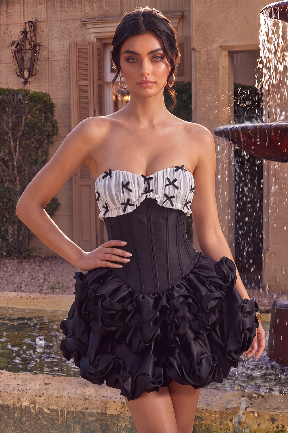 Black Strapless A Line Ruffled Short Corset Homecoming Dress with Bow
