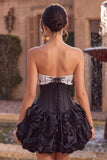 Black Strapless A Line Ruffled Short Corset Homecoming Dress with Bow