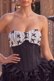 Black Strapless A Line Ruffled Short Corset Homecoming Dress with Bow