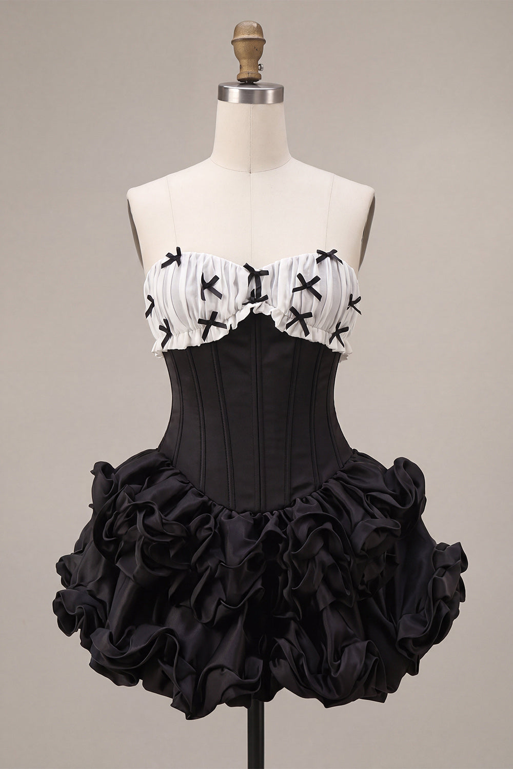 Black Strapless A Line Ruffled Short Corset Homecoming Dress with Bow