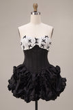Black Strapless A Line Ruffled Short Corset Homecoming Dress with Bow
