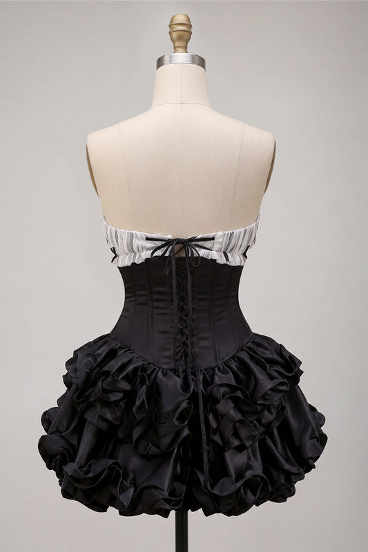 Black Strapless A Line Ruffled Short Corset Homecoming Dress with Bow