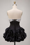 Black Strapless A Line Ruffled Short Corset Homecoming Dress with Bow