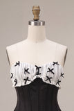 Black Strapless A Line Ruffled Short Corset Homecoming Dress with Bow