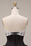 Black Strapless A Line Ruffled Short Corset Homecoming Dress with Bow