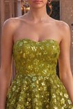 Sparkly Olive Floral Sequin Sweetheart A Line Ruffled Short Homecoming Dress