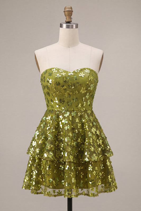 Sparkly Olive Floral Sequin Sweetheart A Line Ruffled Short Homecoming Dress