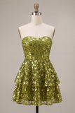 Sparkly Olive Floral Sequin Sweetheart A Line Ruffled Short Homecoming Dress