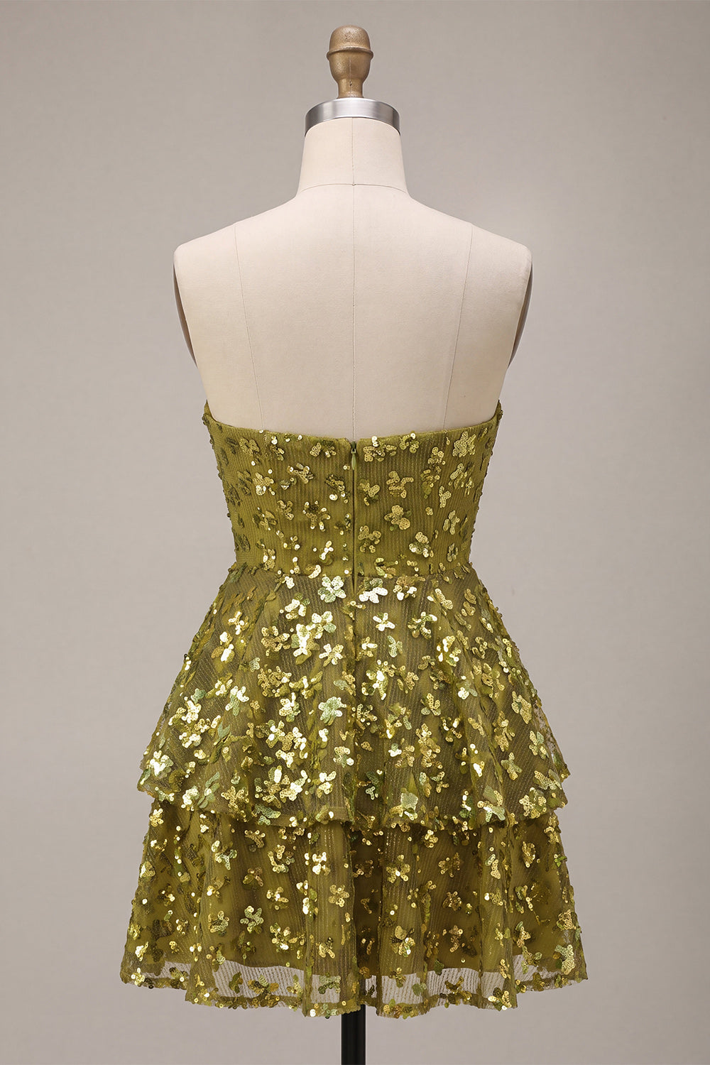 Sparkly Olive Floral Sequin Sweetheart A Line Ruffled Short Homecoming Dress