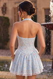 Sky Blue Floral Halter A Line Short Corset Homecoming Dress with Lace