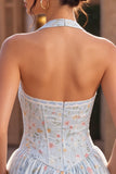 Sky Blue Floral Halter A Line Short Corset Homecoming Dress with Lace