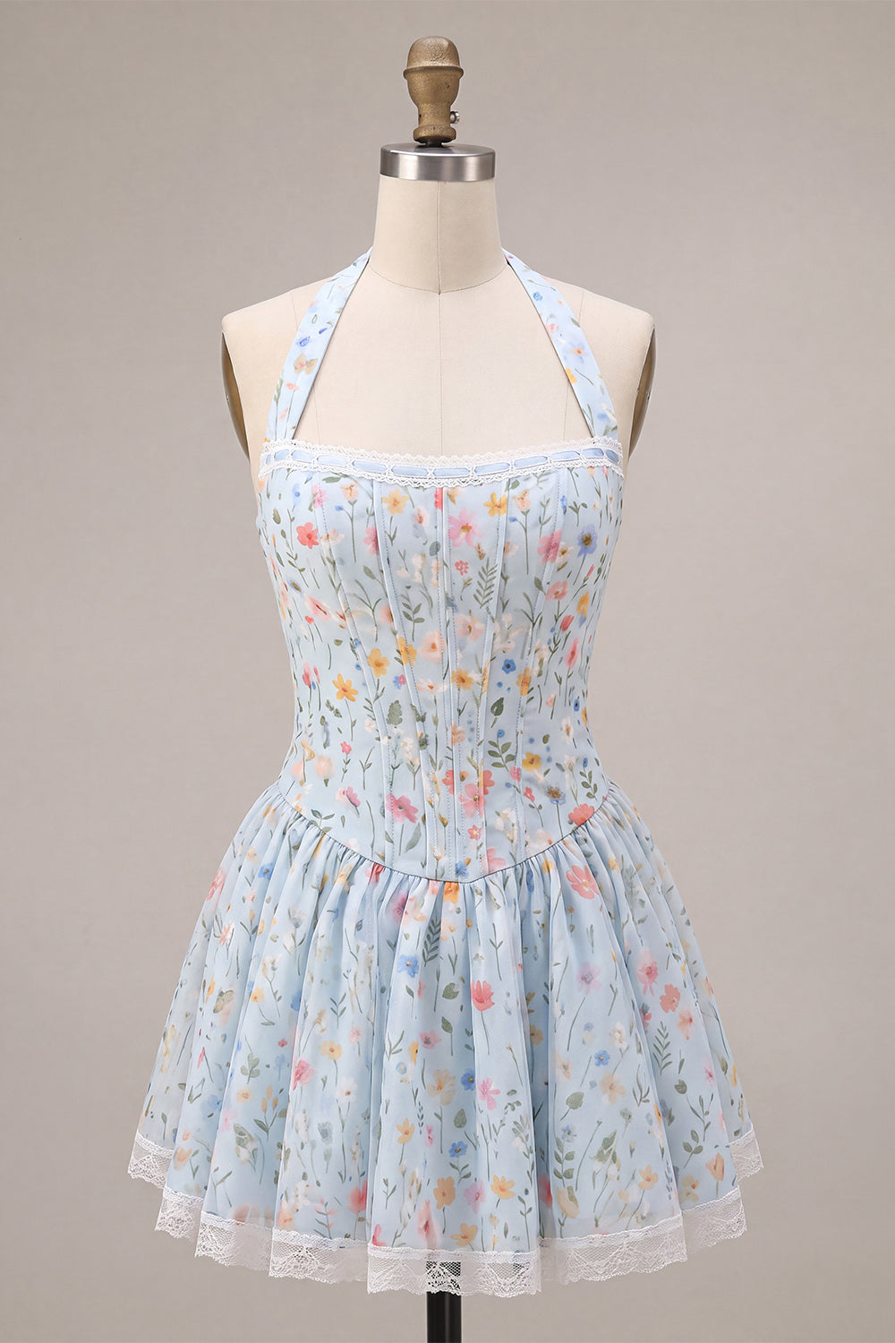 Sky Blue Floral Halter A Line Short Corset Homecoming Dress with Lace