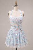 Sky Blue Floral Halter A Line Short Corset Homecoming Dress with Lace