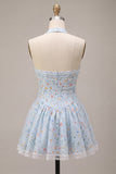 Sky Blue Floral Halter A Line Short Corset Homecoming Dress with Lace
