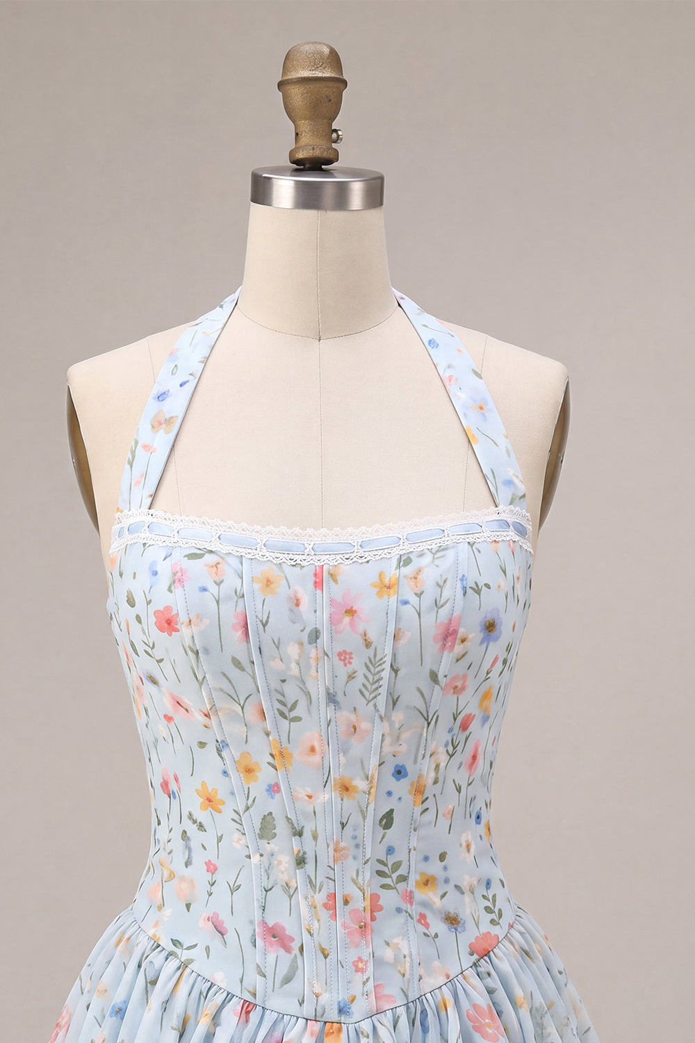 Sky Blue Floral Halter A Line Short Corset Homecoming Dress with Lace