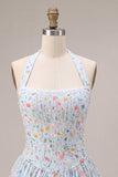 Sky Blue Floral Halter A Line Short Corset Homecoming Dress with Lace