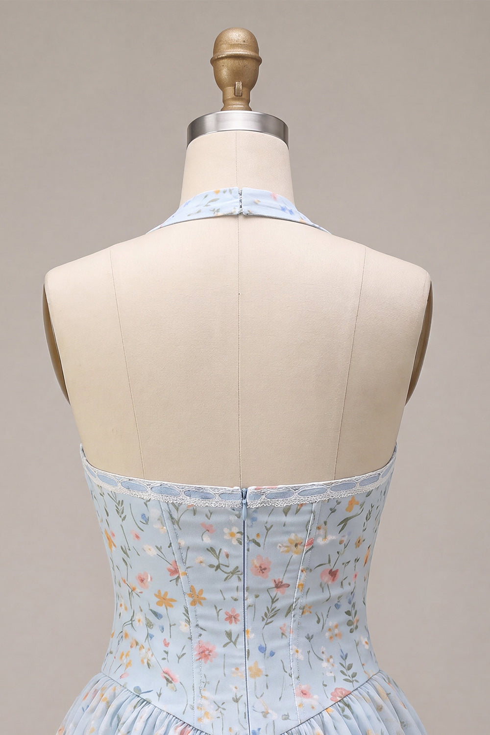 Sky Blue Floral Halter A Line Short Corset Homecoming Dress with Lace