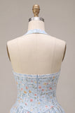 Sky Blue Floral Halter A Line Short Corset Homecoming Dress with Lace