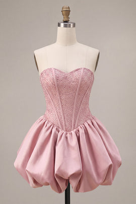 Sparkly Pink Beaded Sweetheart A Line Short Corset Homecoming Dress