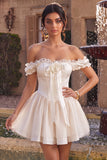 Ivory Ruffled A Line Short Corset Homecoming Dress with 3D Flower