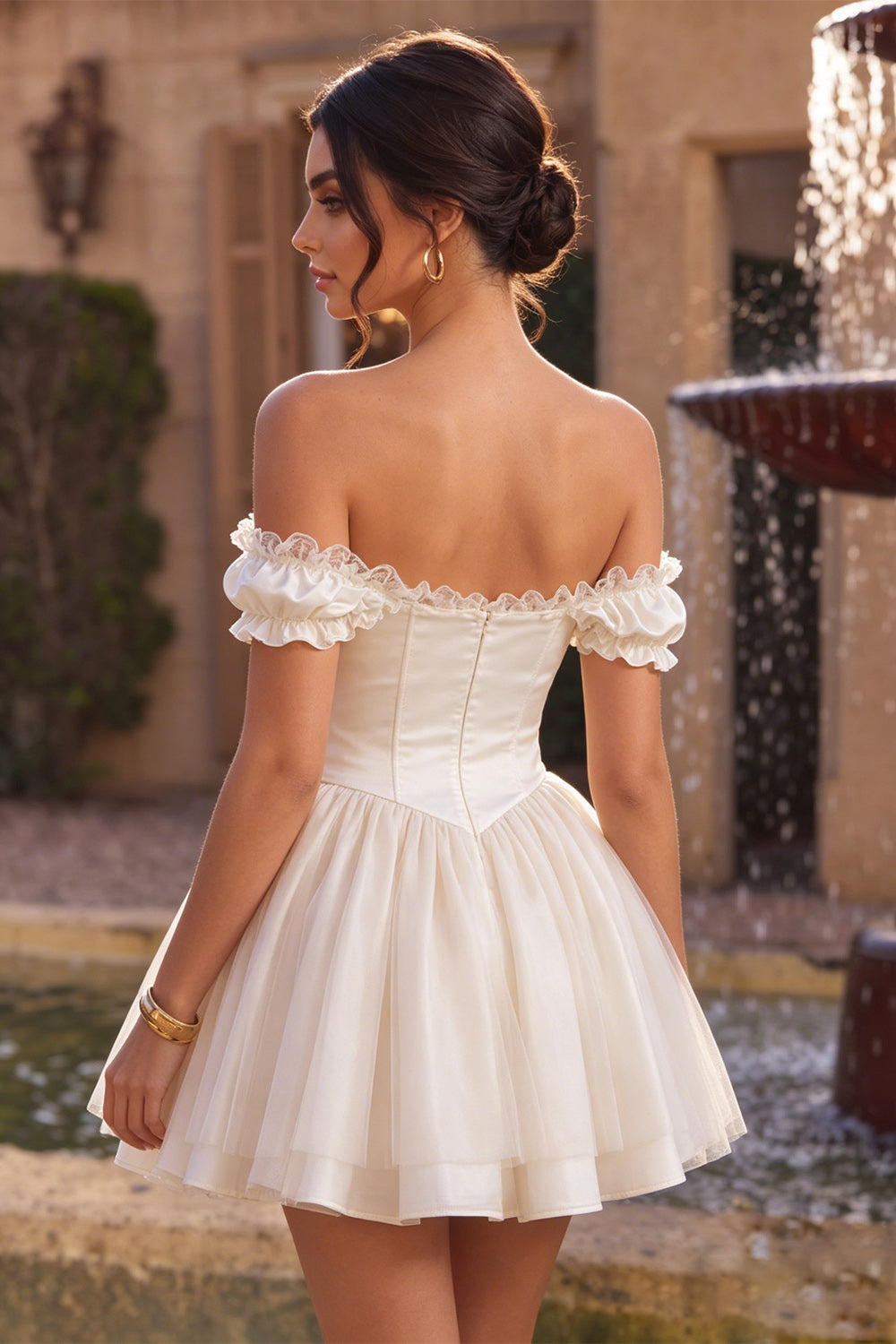 Ivory Ruffled A Line Short Corset Homecoming Dress with 3D Flower