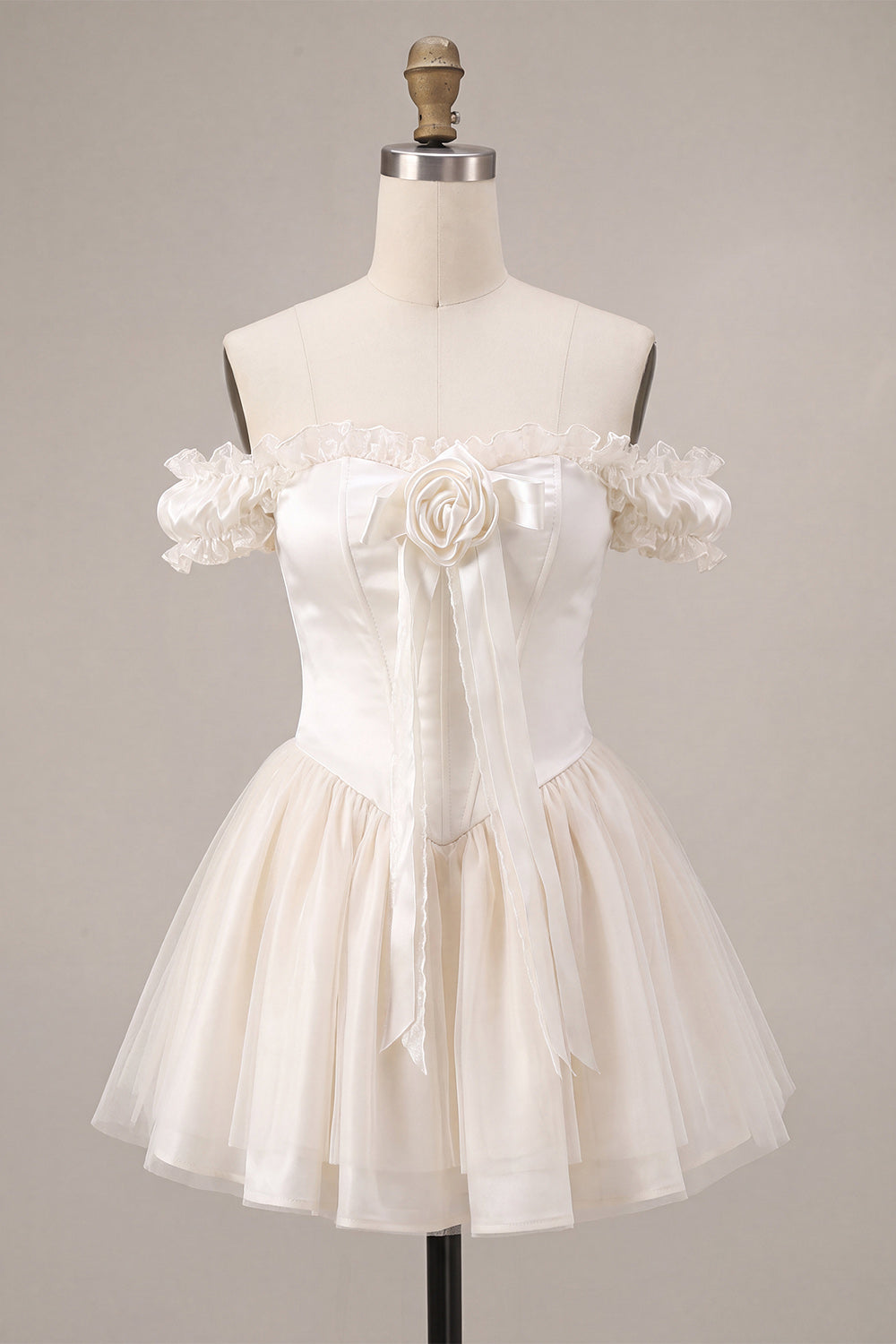 Ivory Ruffled A Line Short Corset Homecoming Dress with 3D Flower