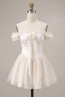 Ivory Ruffled A Line Short Corset Homecoming Dress with 3D Flower