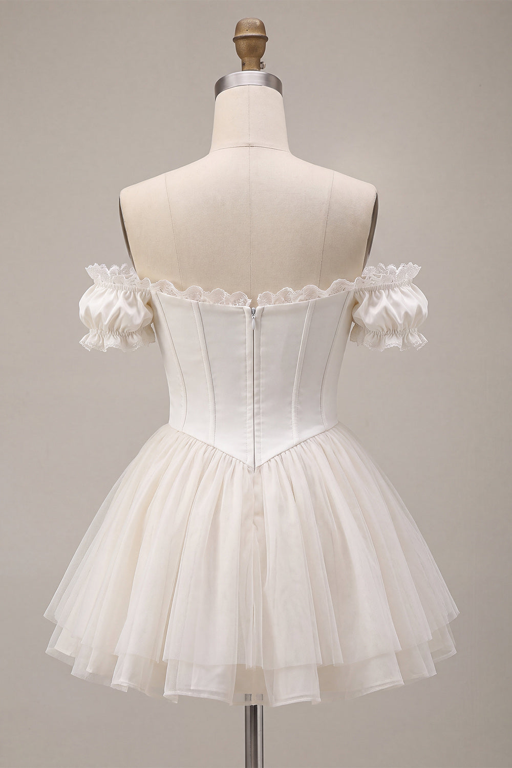 Ivory Ruffled A Line Short Corset Homecoming Dress with 3D Flower