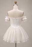 Ivory Ruffled A Line Short Corset Homecoming Dress with 3D Flower