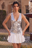 Sparkly Silve Sequin V-Neck A Line Short Homecoming Dress