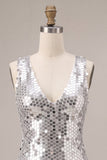 Sparkly Silve Sequin V-Neck A Line Short Homecoming Dress