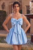 Sky Blue Satin A Line Short Corset Homecoming Dress with Bow