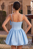 Sky Blue Satin A Line Short Corset Homecoming Dress with Bow