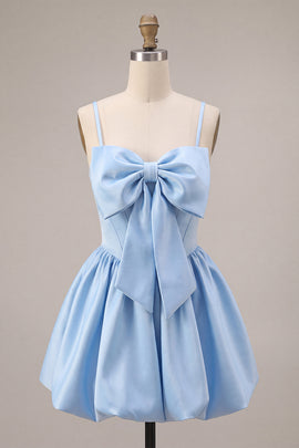 Sky Blue Satin A Line Short Corset Homecoming Dress with Bow