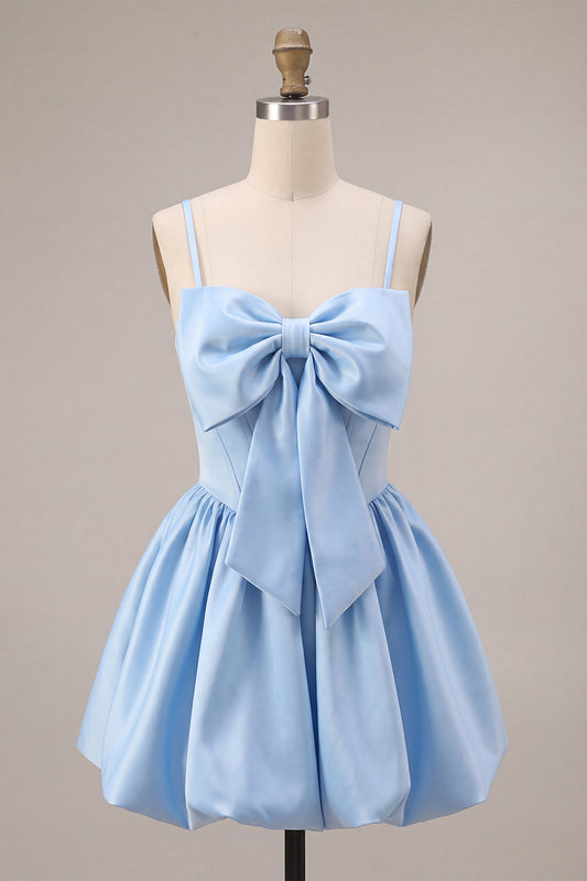 Sky Blue Satin A Line Short Corset Homecoming Dress with Bow