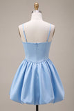 Sky Blue Satin A Line Short Corset Homecoming Dress with Bow