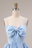 Sky Blue Satin A Line Short Corset Homecoming Dress with Bow
